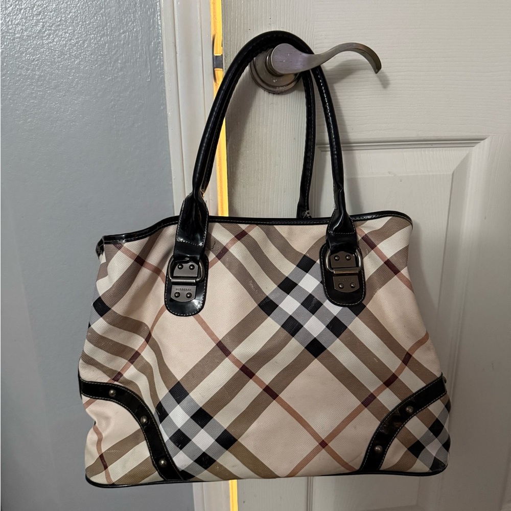 Burberry Black and Tan Tote Bag with Iconic Check Pattern